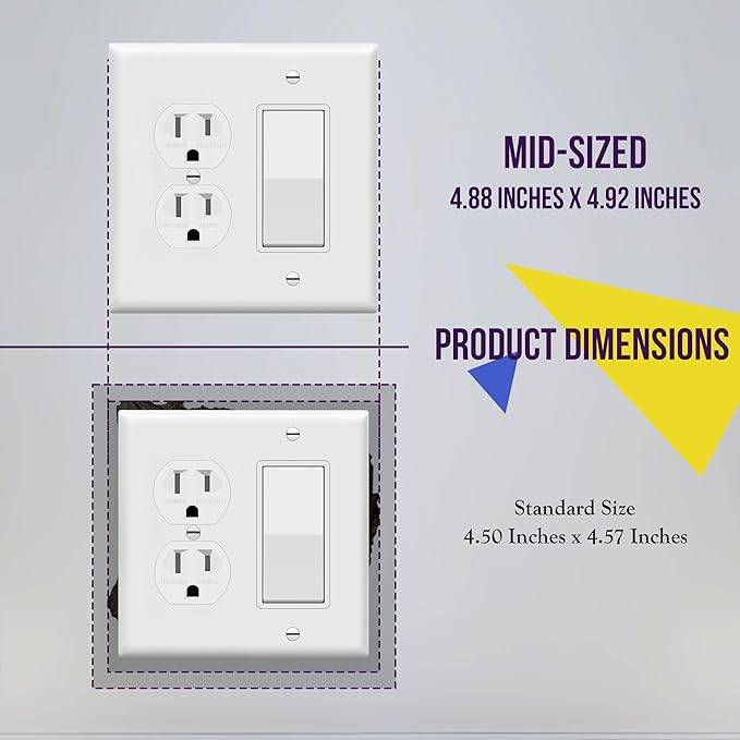ENERLITES Combination Duplex Receptacle Outlet/Decorator Rocker Light Switch Wall Plate Cover, Midway Size 2-Gang 4.88" x 4.92", Polycarbonate Thermoplastic, UL Listed, 882131M-W, White