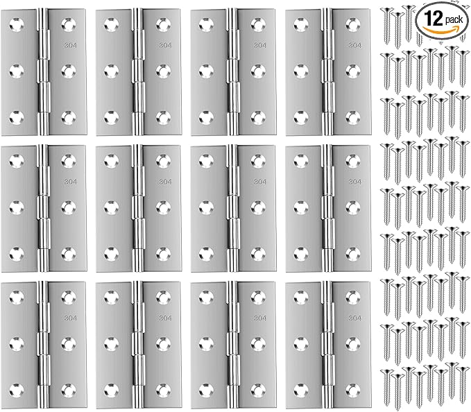 Stainless Steel Folding Door Hings 3 Inch for Furniture Cabinets Window Wooden Box Trailer Components, Pack of 12