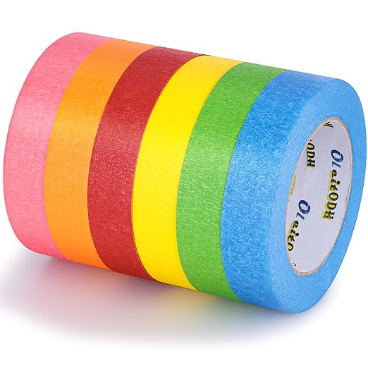 Oleitodh 6 Rolls Colored Masking Tape-1 inch x 330 Yards Painters Tape, Rainbow Colors Rolls Bulk Kids Colorful Paper Marking Tape Decorative Arts Crafts Labeling DIY School Classroom Supplies
