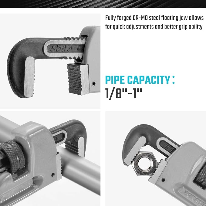 DURATECH 8-inch Aluminum Straight Pipe Wrench, Adjustable Plumbing Wrench | Heavy Duty,Drop Forged, Exceed GGG standard