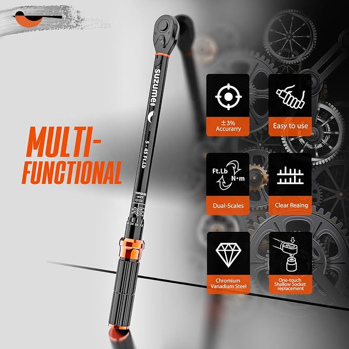 3/8 Inch Drive Torque Wrench Loud Click (5-45 Ft.Lb / 6.8-61 N.m) | ±3% Accuracy Dual-Direction Dual-Scale 72-tooth CR-V for Mechanic DIYer Bike Moto Car Spark Plug Repair with Storage Case