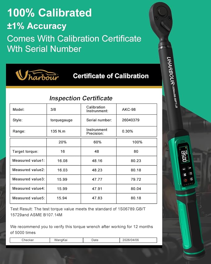 Uharbour 3/8" Digital Torque Wrench 1.5-99.5ft-lbs/6.8-135Nm | ±1% Accuracy Electric Wrench, Dual Direction Ratchet, Vibration & LED Alert