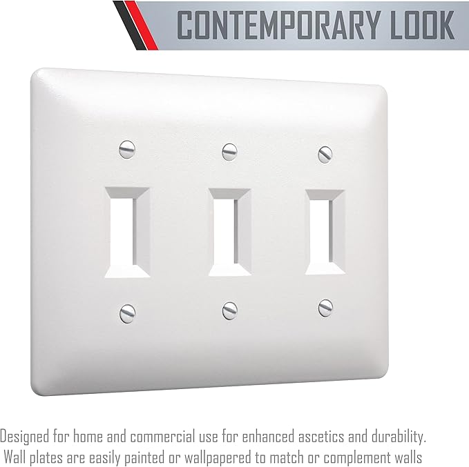 TayMac 4440W Paintable Triple Toggle Light Switch Wall Plate Cover, White, 3-Gang
