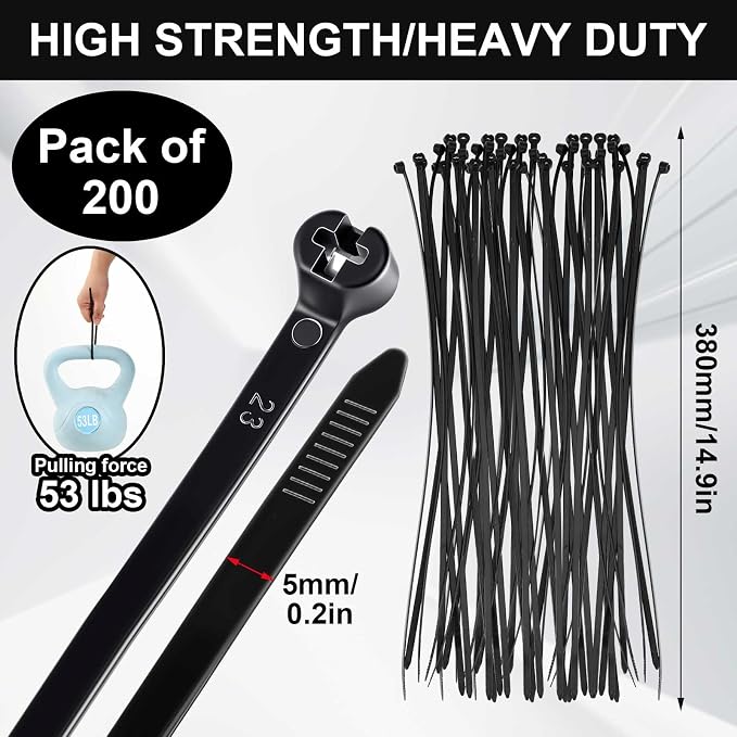 Blulu 200 Pcs 15 Inch Cable Zip Ties Metal Tooth Stainless Steel Locking Device Black Nylon Cable Ties, 53 Lbs Tensile Strength, UV Resistant Wire Wraps Multi Purpose for Industrial Indoor Outdoor Use