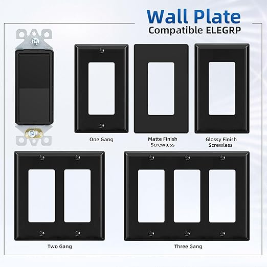 ELEGRP 3 Way Decorator Light Switch, 15Amp, 120-277 Volt, AC Rocker Paddle Wall Switch Replacement, Self-Grounding, Residential Grade, Screwless Wall Plate, UL Listed (10 Pack, Glossy Black)