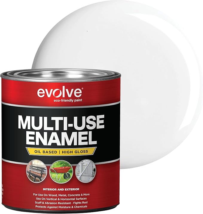 EVOLVE Multi-Purpose Alkyd Enamel – Interior Exterior Oil-Based Paint for Wood, Metal, Concrete, & Masonry, High-Gloss, Rust & Abrasion Resistant (Gloss White, 1 Quart)