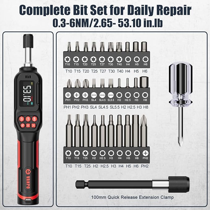 VANPO Torque Screwdriver 1/4" Digital for Gunsmithing, 2.65-53.10 in.lb | ±2% Accuracy, 0.3-6Nm, Electronic Digital Torque Wrench Screwdriver Set with 31Bits,LCD Display & Audible Buzzer for Bike