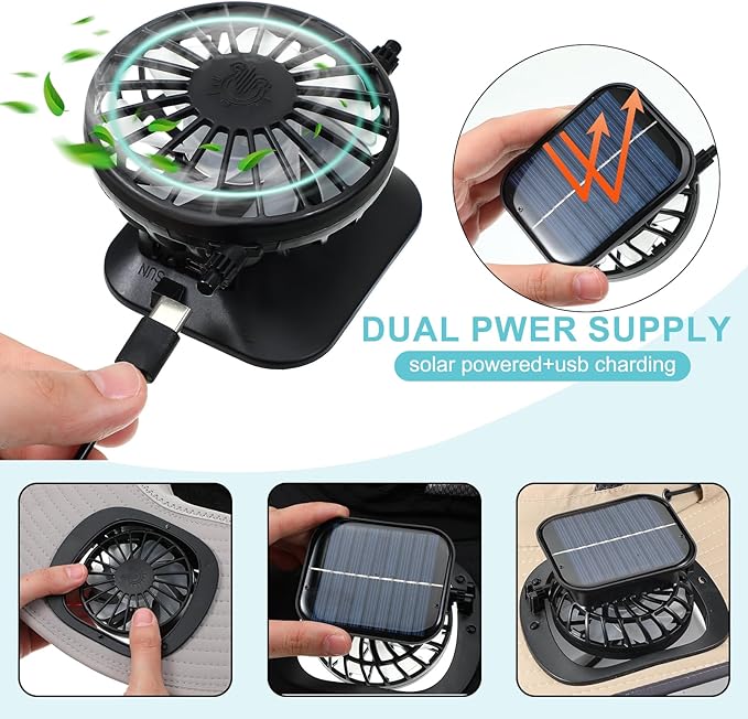 Glitopper 2 Set Wide Brim Solar Fan Hats with 2 Solar Fan and Arm Sleeves Set Outdoor Fishing Bucket Hat for Men Women Hiking
