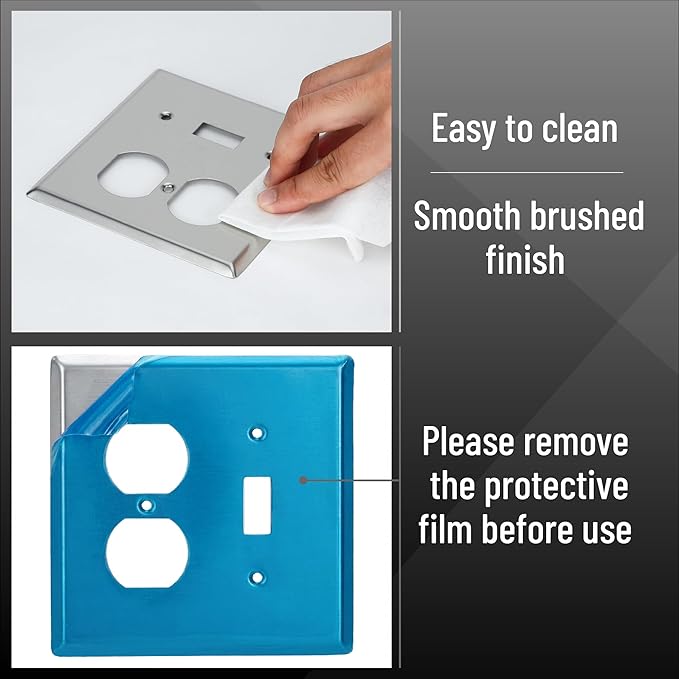 Bates- 2-Gang Combination Wall Plate, Standard Size, Silver Stainless Steel Toggle Light Switch/Duplex Receptacle Outlet, 2 Gang Wall Plate for Electrical Outlets, Double Outlet Cover Plate