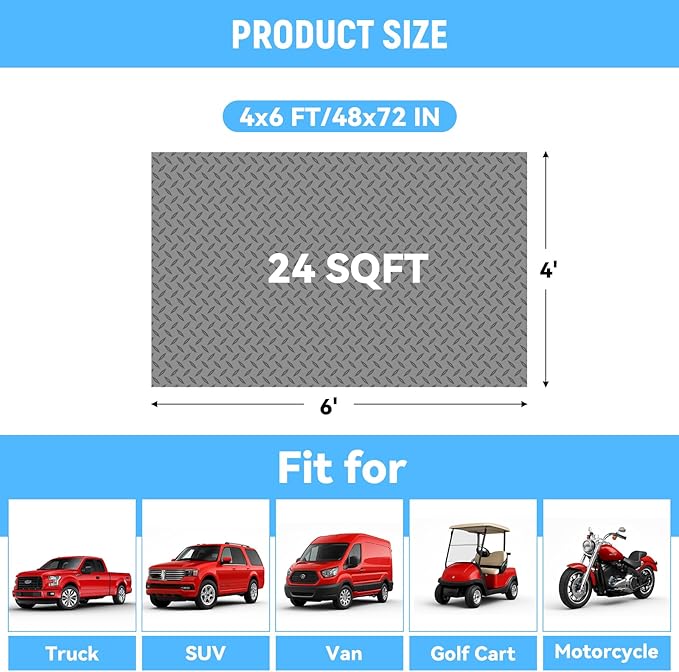 4x6 FT Garage Floor Mat, 2.8mm Thickened PVC Flooring Roll for Under Car, Golf Cart Parking Mat, Diamond Plate Gray Motorcycle Mat for Warehouse, Basement, Gyms, Trailer（Included Tapes）