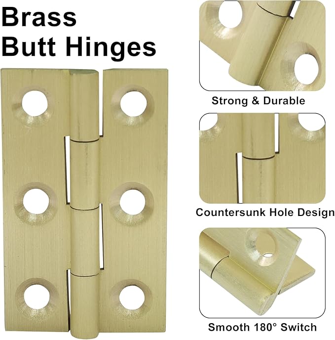 Murtenze 4 Pcs 1.5 Inch Mini Solid Brass Hinges，Brass Cabinet Hinges Small Box Hinges Butt Hinges for Cabinet, Drawer, Wood Box