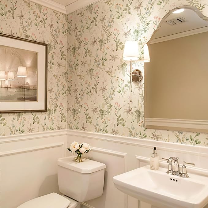 Simon&Siff Vintage Floral Peel and Stick Wallpaper 17.3" x 118" | Beige Botanical Contact Paper Self Adhesive Removable Waterproof Wall Paper, Renter Friendly, Bedroom Cabinets DIY Decor