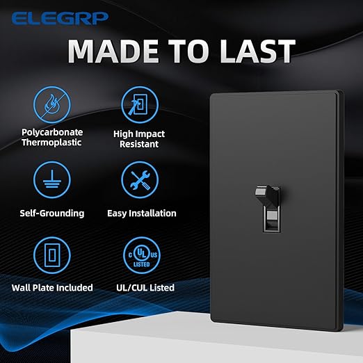 ELEGRP 3 Way Glossy Toggle Light Switch with Matte Mid Screwless Matte Plate, 15A 120V, Quiet Switch, In Wall On/Off, Self-Grounding, Residential Grade, UL (5 Pack, Black)