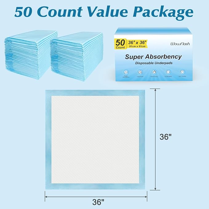 50 Count 36" x 36" Super Absorbency Disposable Underpads - Leakproof Quick Drying Pads for Baby, Puppy & Adults, Bed Pads, Incontinence & Dog Pee