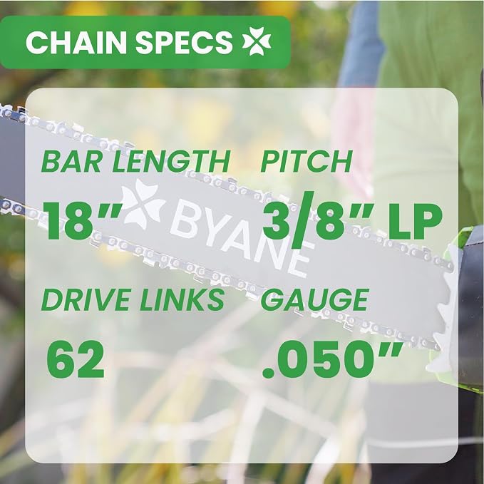 BYANE 18-Inch Carbide Chainsaw Chain 3/8"LP Pitch .050" Gauge 62 DL | Fits Poulan 4218, Echo CS-310, CS-3510, CS-400, and Ryobi RY3818