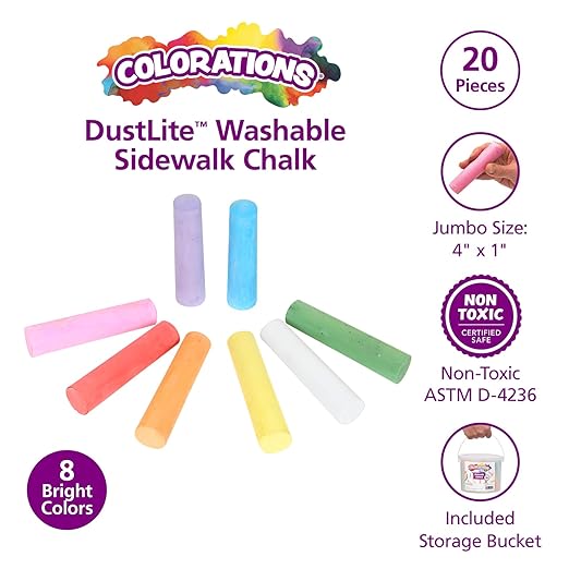 Colorations Jumbo Washable Sidewalk Chalk Set - 20 Pieces, 8 Assorted Colors, 4” x 1” Each, Non-Toxic, Outdoor Play for Kids, Ages 4+