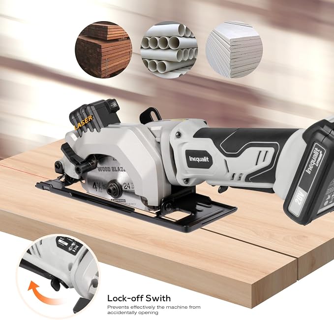 Mini Circular Saw, 3500RPM Corded Compact Saw with 4-1/2" 24T TCT Blades, Laser Guide, Rip Guide, Vacuum Adapter and Blade Wrench, Max Cutting Depth 1-11/16"(90°), 1-1/8"(45°） (Cordless 2A)