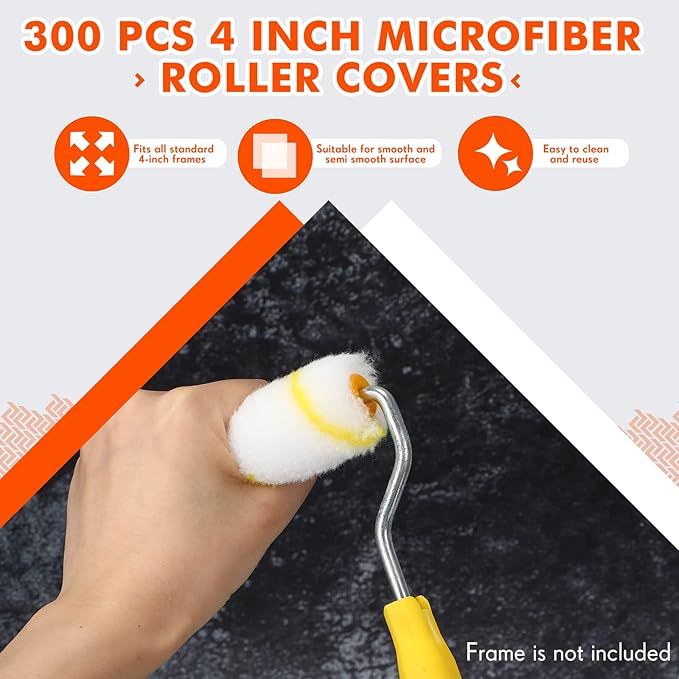 Leumoi 300 Pcs 4 Inch Mini Paint Roller Cover 1/2" Nap Small Microfiber Roller Covers Home Repair Tools House Household Supplies Kit(Yellow, White)