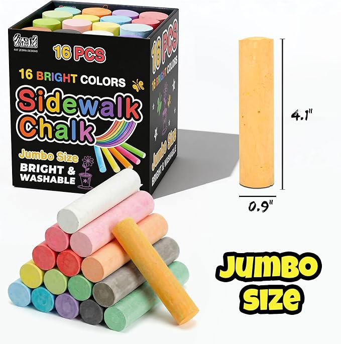 16 PCS Sidewalk Chalk for Kids - 16 Colors, Non-Toxic Washable Jumbo Outdoor Chalks - Set of Outdoor Paint for Kids and Toddlers - Chalkboard Toys - Perfect for Party & Creative Play