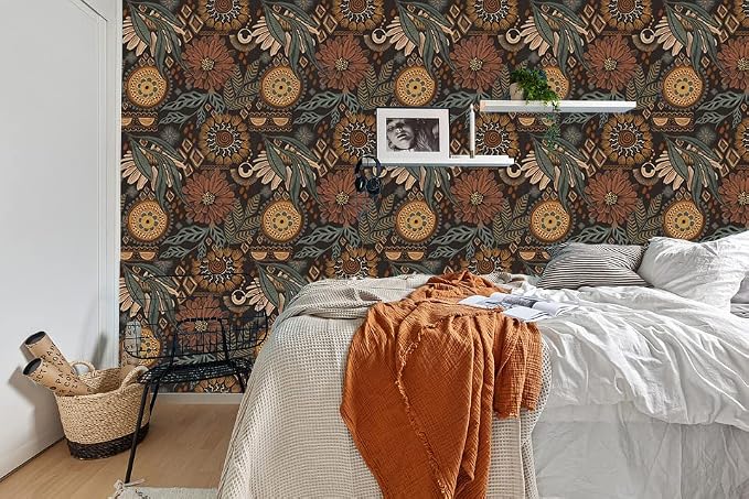HAOKHOME Peel and Stick Wallpaper Boho Floral Vintage Botanical Bathroom | Renter Friendly Removable Textured Wall Paper Brown Cottagecore Green Orange Retro Moody Bedroom Accent Wall 17.3in x 9.8ft