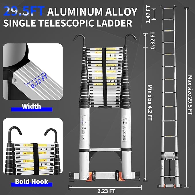 JADDUO Telescoping Ladder,29.5 FT Extension Ladder,Aluminum Lightweight Telescopic Ladder with 2 Triangle Stabilizers, Telescoping Attic Ladders RV Ladders for Outdoor