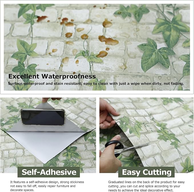 Peel and Stick Wallpaper Brick Wall Paper Green Leaves Brick 3D BrickStone Self Adhesive Removable Contact Paper Textured Vintage Wallpaper Decorative Wall Classroom Covering 23.6"x196"