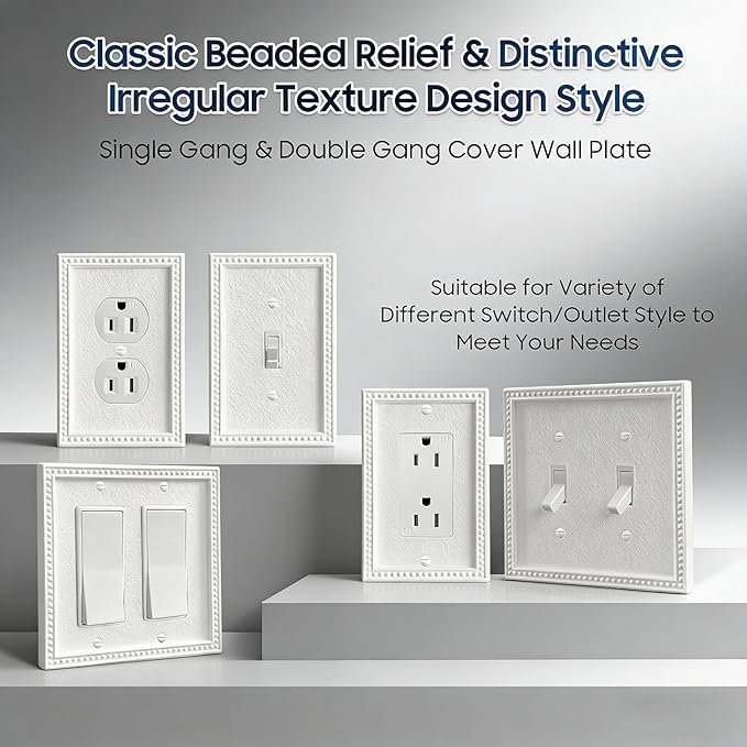 ZEFTV 20 Pack Mid-Size Toggle Light Switch Wall Plates 1-Gang Switch Electrical Cover Plate Unbreakable Thermoplastic Faceplate, Classic Beaded Relief Design, White