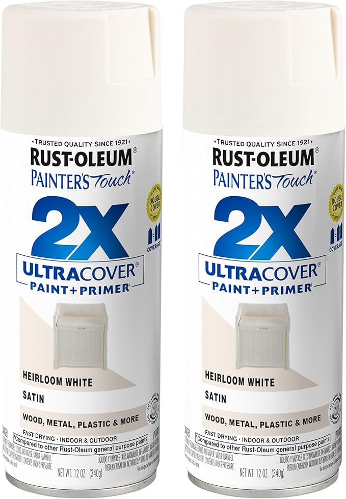 Rust-Oleum 334071-2PK Painter's Touch 2X Ultra Cover Spray Paint, 12 oz, Satin Heirloom White, 2 Pack
