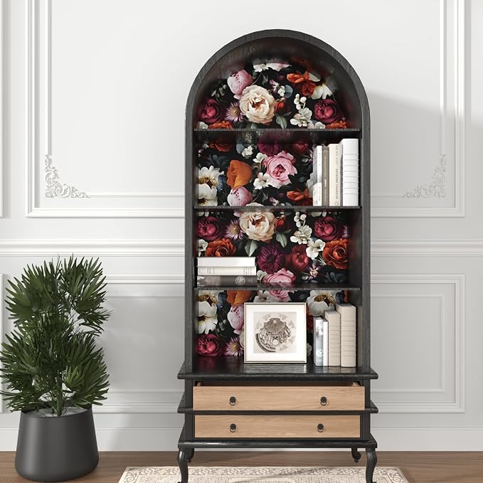 Vintage Black Red Rose Floral Peel and Stick Wallpaper 17.5"x197" | Self Adhesive/Removable/Waterproof/Thick Vinyl Contact Paper for Bathroom Bedroom Shelf Cabinet Drawer,Prepasted,Easy Peel