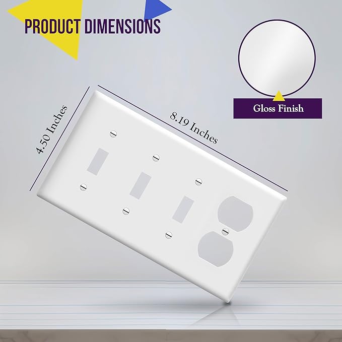 ENERLITES Combination Triple Toggle/Single Duplex Receptacle Outlet Wall Plate, Standard Size 4-Gang Light Switch Cover (4.50" x 8.19"), Polycarbonate Thermoplastic, UL Listed, 881321-W, White