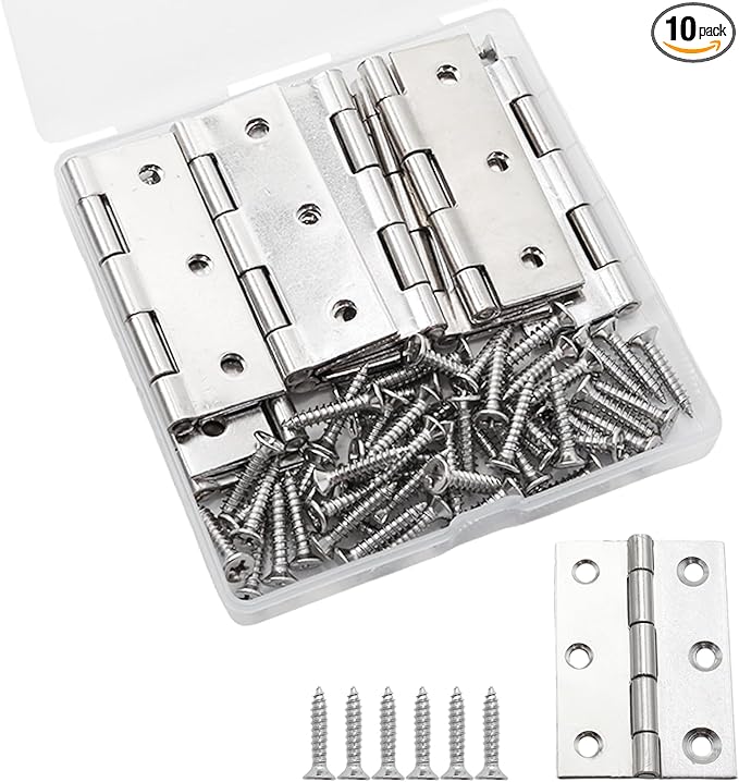 Pine & Linen 10 Pack Stainless Steel Folding Hinge, Butt Cabinet Hinge, Window Hinges Small Hinges with 60 Pieces Screws for Home Furniture/Cabinet Projects/DIY Enthusiasts（2.5 Inch）