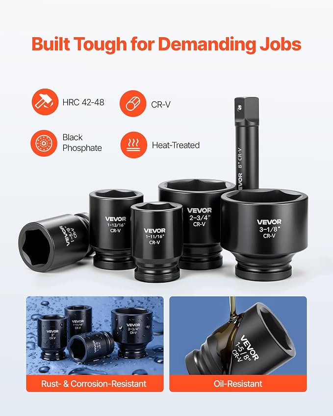 VEVOR 1 in Drive Impact Socket Set, 21 Piece, SAE (1-5/8" to 3-1/8") | 6 Point Shallow Cr-V Impact Sockets, with 8 in & 18 in Extension Bars, 24 in Ratchet, Size Markings, Storage Case