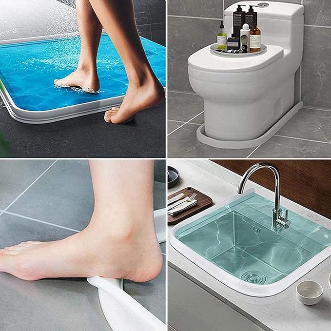 Collapsible Threshold Water Dam, Bendable Silicone Water Blocking Strips,Water Stopper Retention System Silicone Sink Water Splash Guard for Kitchen and Bathroom,White,3.5M/138in
