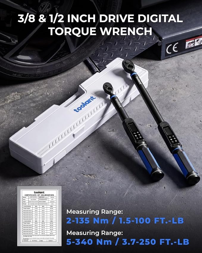 toolant 3/8" & 1/2" Digital Torque Wrench Set, 3/8" 1.5-100 ft-lb (2-135 N·m) / 1/2" 3.7-250 ft-lb (5-340 N.m), ±2% Accuracy 2-Pack with 3 Alerts, 9 Presets & 500 Memory for Car Motorcycle Bike Truck