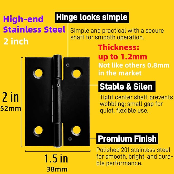 20 PCS 2 inches High-end Stainless Steel Mini Small Hinges with 80 Screws, Suitable for DIY Wooden Boxes, Small Cabinets, Jewelry Boxes Flat Hinges, Furniture, Woodworking Craft Project, Black