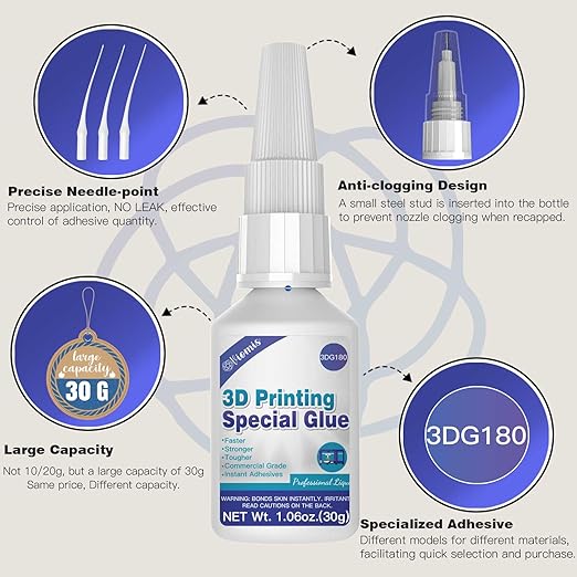 3D Printing Super Glue, Ultra-Thin Capillary Adhesive for PLA ABS PETG TPU, Professional Instant Bond for Micro Gaps & Seamless Post-Processing, Heat Resistant & Clear Finish, 30g