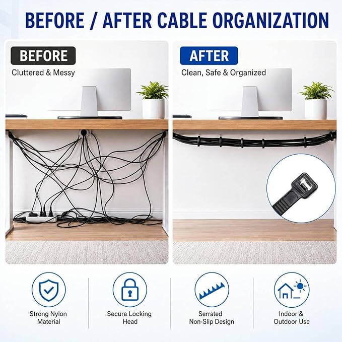 Zip Ties 12 inch, 100 Pack Heavy Duty Black Zip Ties with 120 lbs Tensile Strength, Self-Locking Nylon Cable Ties,Wire Ties for indoor and outdoor use.