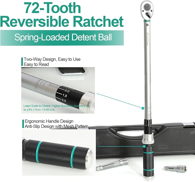 4-Piece Torque Wrench Set – 1/2" Drive Click Torque Wrench (25–250 ft-lb), 3/8" Adapter, 3" & 5" Extension Bars, ±3% Accuracy, Chrome Vanadium Steel, Includes Storage Case