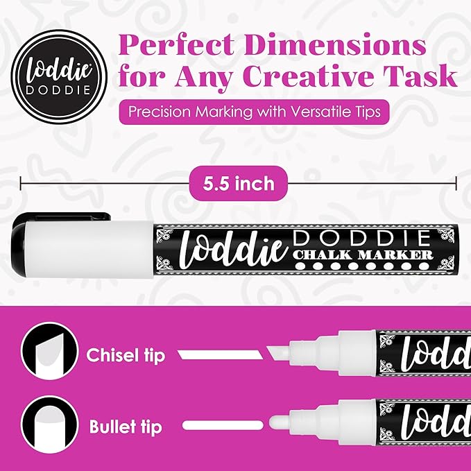 Loddie Doddie Liquid Chalk Markers - Pack of 4, 6 mm Tip, White - Chalk Pens for Blackboard & Glass Surfaces - Erasable Window & Mirror Markers