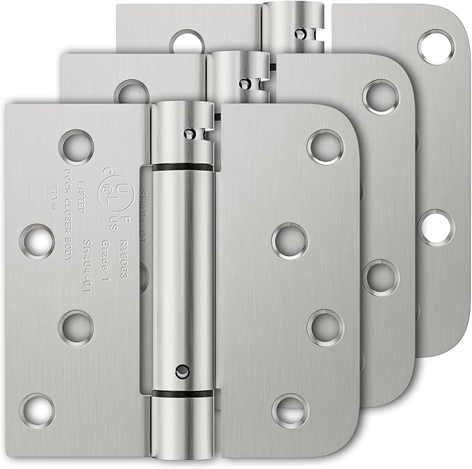 Luxbaro 3 Pack Self Closing Door Hinges, 4 Inch Spring Loaded Hinges with Square & 5/8'' Radius Corners, Adjustable Tension for Garage, Front Door, for Left and Right Hand Door, UL Listed