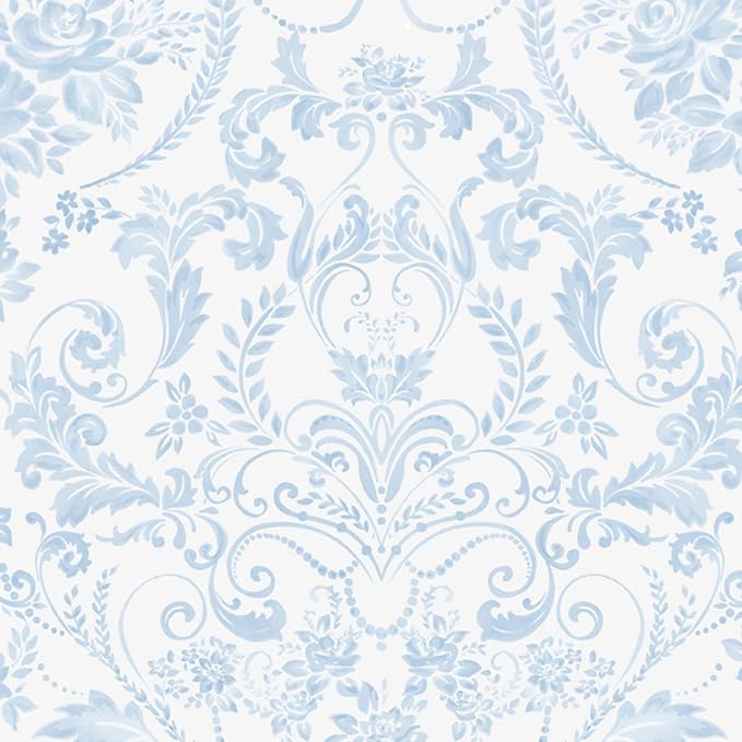 Ismoon Blue and White Wallpaper Floral Peel and Stick Wallpaper 17.3in x 32.8ft Vintage Damask Blue Contact Paper Boho Removable Watercolor Wall Paper for Bedroom Bthroom Kitchen Décor Vinyl