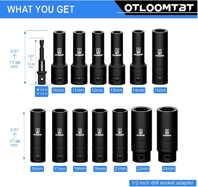 OTLOOMTBT 1/2" Drive Impact Socket Set, Metric Deep with Drill Adapter | 14PCS HeavyDuty Cr-V Steel Impact Sockets, 6-Point Grip,High Torque Ready for Auto Repair, Mechanics &DIY Projects