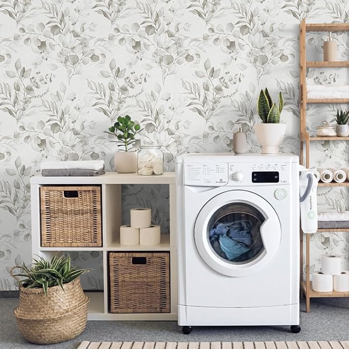 Naphite Gray Floral Peel and Stick Wallpaper Boho Farmhouse 787in17.3in | Watercolor Eucalyptus Leaf, Thicken,Self Adhesive Wallpaper for Renter Bedroom Bathroom, Removable,Contact Paper for Cabinets