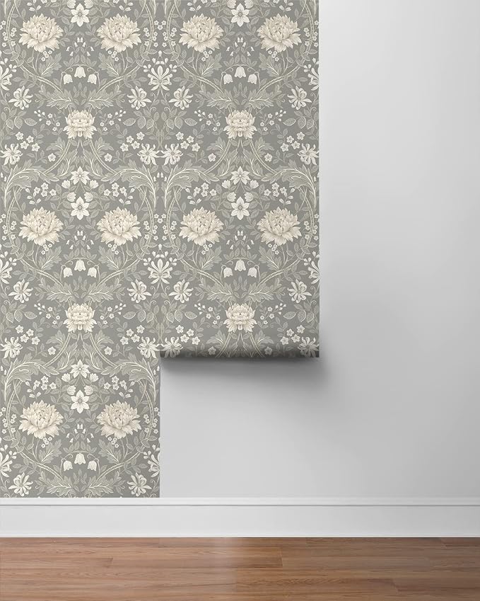 NextWall Honeysuckle Trail Floral Peel and Stick Wallpaper (Daydream Grey)