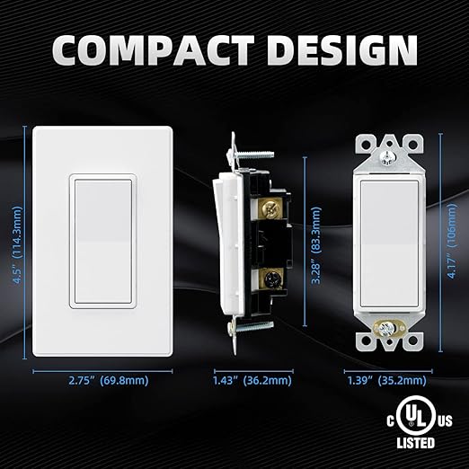 ELEGRP Matte White 3 Way Decorative Light Switch with Plate, 15 Amp, 120-277 Volt, AC Decors Rocker Paddle Wall Switch Replacement, Self-Grounding, Residential Grade, w/Wall Plate, UL Listed (5 Pack)