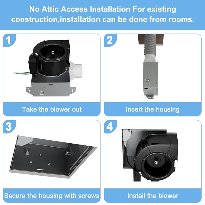 Tech Drive Very Quiet Bathroom Exhaust Fan - 80 CFM/70 CFM, 3&4-Inch Duct Included, Energy Star, No Attic Access, Ceiling Mounted for 75 Sq. Ft Bathrooms, Up to 80 CFM with 4-Inch Duct, White