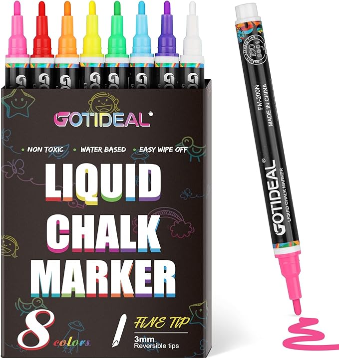 GOTIDEAL Liquid Chalk Markers, Fine Tip 8 Colors Washable Window Chalkboard Glass Pens, Paint and Drawing for Car, Blackboard, & Bistro,Non-Toxic,Wet Erase - Reversible Tip