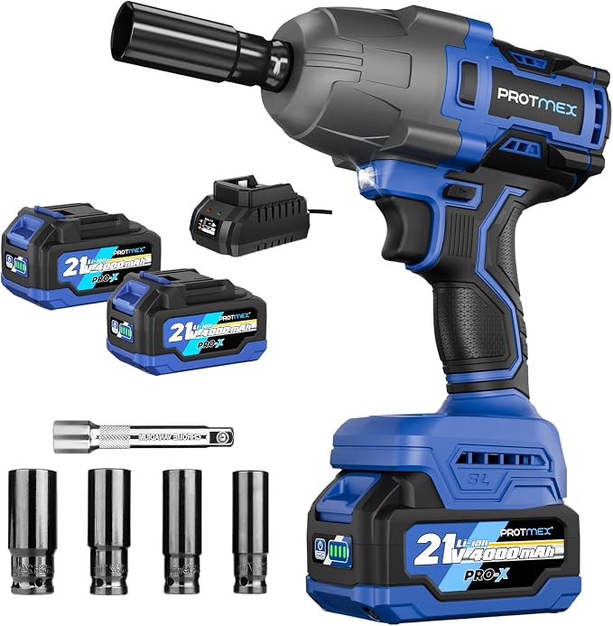 900Ft-lbs (1200N.m) Impact Wrench, 1/2" Cordless Impact Gun, 21V High Torque Brushless Impact Driver, 2x4.0Ah Batteries Electric Impact Motor Variable Speeds for Car/Pickup Truck/Mower, Blue