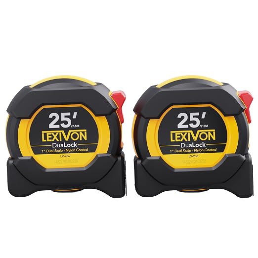 LEXIVON [2-Pack] 25Ft/7.5m DuaLock Tape Measure | 1-Inch Wide Blade with Nylon Coating, Matt Finish White & Yellow Dual Sided Rule Print | Ft/Inch/Fractions/Metric (LX-202)