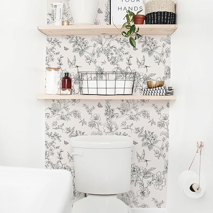 Froluya Black and Cream White Floral Wallpaper Peel and Stick Wallpaper 17.7in×118.1in Vintage Floral Contact Paper Flowers Birds Removable Self Adhesive Decorative Wall Paper for Bathroom Cabinets
